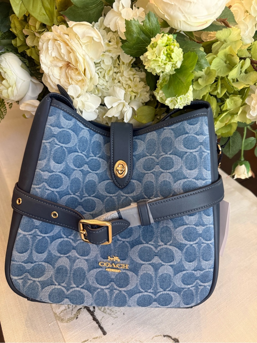 Coach Denim Signature Shoulder Bag with Navy Trim and Gold Hardware